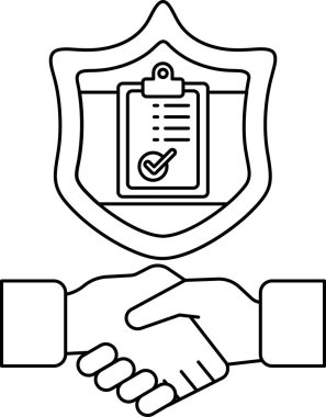 Üzerinde pano ve tokalaşma sembolü olan bir kalkan. Kalkan korumayı temsil ediyor ve pano da bir sözleşme ya da anlaşmayı temsil ediyor. El sıkışma güveni simgeler.