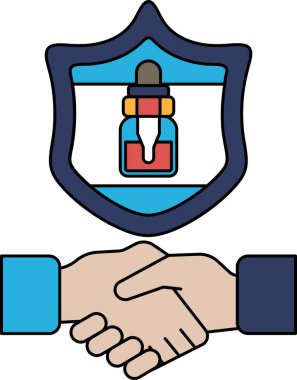 Arkalarında kalkan olan iki kişi arasında bir tokalaşma. Kalkanın üzerinde bir şişe var. Güven ve ortaklık kavramı