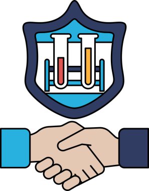 Arkalarında bir kalkan ile el sıkışan iki elin siyah beyaz çizimi. Kalkanda üzerinde iki test tüpü olan bir laboratuvarın logosu var. İki taraf arasındaki işbirliği ve ortaklık kavramı