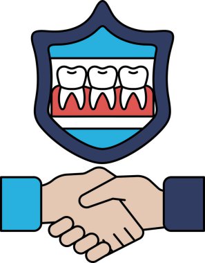 Arkasında bir kalkan olan beyaz ve siyah bir el sıkışma görüntüsü. Kalkanın üzerinde üç diş var.