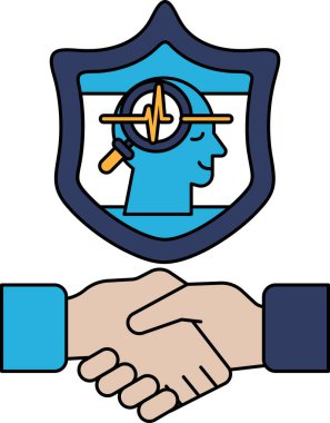 Bir adam ve bir kadın kalkanın önünde el sıkışıyor. Kalkanın üzerinde bir adamın kafası var.