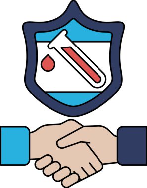 Arka planda kalkan olan iki kişi arasında bir tokalaşma. Kalkanın üzerinde bir test tüpü ve bir damlatıcı var.