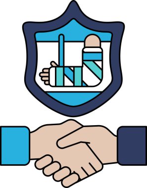 Arkalarında bir kalkan olan iki elin el sıkıştığı siyah beyaz bir görüntü. Kalkanın üzerinde kırık bir kemik var. Güven ve iyileşme kavramı