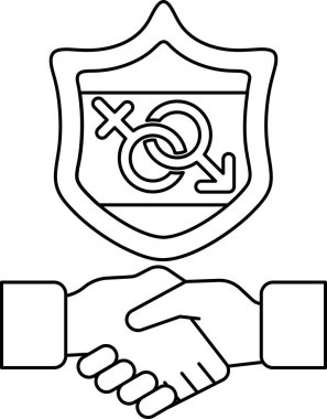 Bir adam ve bir kadın arkalarında bir kalkanla el sıkışıyor. Kalkanın üzerinde bir haç ve iki ok var.