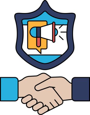 Üzerinde bir adamın eli ve mikrofon olan bir kalkan. Kalkan bir koruma sembolüdür ve adamın eli de anlaşmanın sembolüdür. Mikrofon iletişimi temsil ediyor.