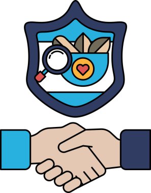 Arkalarında bir kalkan ile titreyen iki elin siyah beyaz görüntüsü. Kalkanın üzerinde büyüteç ve kalp var. Güven ve birlik kavramı