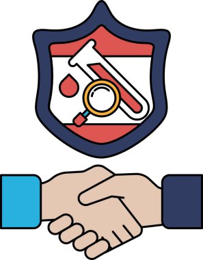 Arkalarında bir kalkan ile el sıkışan iki elin siyah beyaz çizimi. Kalkanın üzerinde büyüteç var. İki kişi arasındaki güven ve işbirliği kavramı