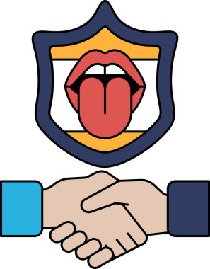 Bir erkek ve bir kadının dili dışarı fırlamış bir şekilde el sıkışırken çekilmiş siyah beyaz bir resim. Dil resmin ortasındadır ve bir kalkan ile çevrilidir. Mizah anlayışı ve hafiflik.