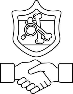 Arkalarında bir kalkan ile titreyen iki elin siyah beyaz görüntüsü. Kalkanın üzerinde kafatası ve kemikler var. İki kişi arasındaki anlaşma ve güven kavramı