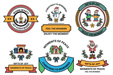 A set of Christmas themed stickers with a variety of designs and messages. The stickers include a snowman, a house, a tree, and a santa. The stickers also include messages such as 