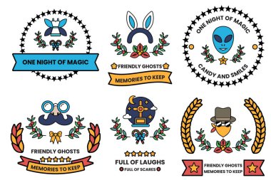 A collection of Halloween themed stickers. One sticker has a man in a suit and hat with the word