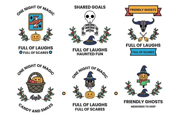 A collection of Halloween themed stickers. One sticker has a man in a suit and hat with the word — Illustration Collection Halloween Themed Stickers One Sticker Has Man Suit Hat — Stock Vector