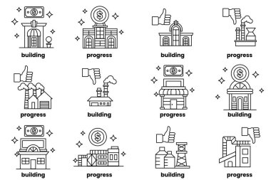 The image is a set of ten different building icons, each with a different color