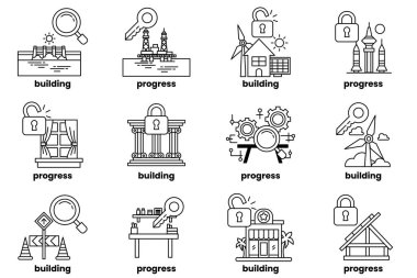 A set of images of buildings with a key and a lock on them