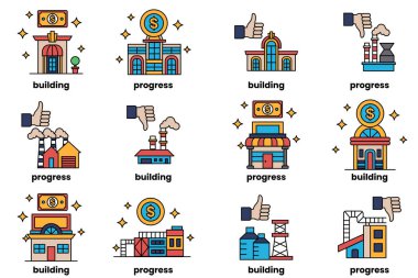 The image is a set of ten different building icons, each with a different color