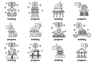 The image is a set of ten different building icons, each with a different color