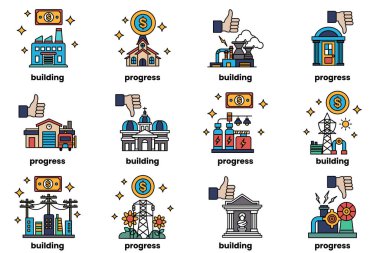 The image is a set of ten different building icons, each with a different color