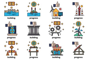 The image is a set of ten different building icons, each with a different color