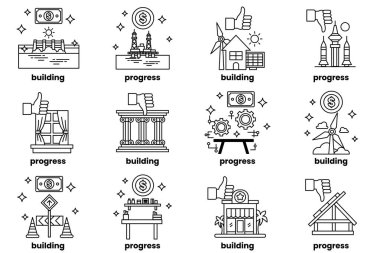 The image is a set of ten different building icons, each with a different color