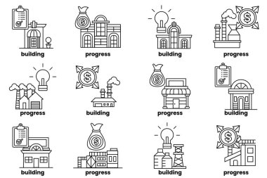 A set of illustrations in the concept of buildings and businesses in line art style