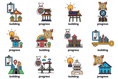 A set of illustrations in the concept of buildings and businesses in line art style