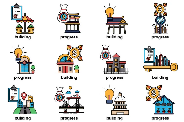 A set of illustrations in the concept of buildings and businesses in line art style