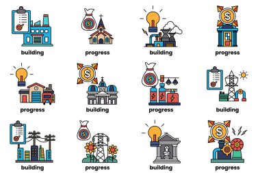 A set of illustrations in the concept of buildings and businesses in line art style