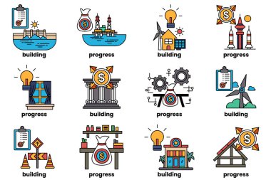 A set of illustrations in the concept of buildings and businesses in line art style