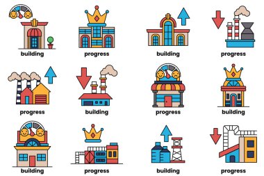 A set of illustrations in the concept of buildings and businesses in line art style