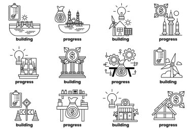 A set of illustrations in the concept of buildings and businesses in line art style