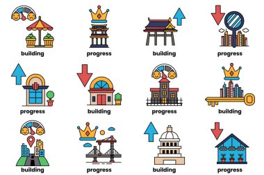 The image is a series of icons that represent different stages of building a structure. The icons include a building, a key, a coin, a ruler, a book, a house, a tree, a car, a building, a house