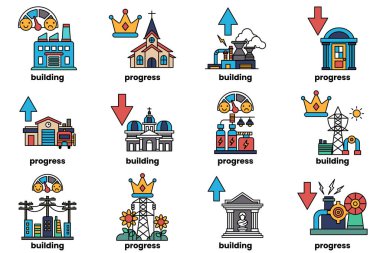 The image is a series of icons that represent different stages of building a structure. The icons include a building, a key, a coin, a ruler, a book, a house, a tree, a car, a building, a house