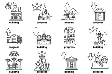 The image is a series of icons that represent different stages of building a structure. The icons include a building, a key, a coin, a ruler, a book, a house, a tree, a car, a building, a house