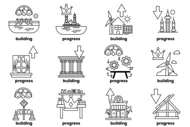The image is a series of icons that represent different stages of building a structure. The icons include a building, a key, a coin, a ruler, a book, a house, a tree, a car, a building, a house