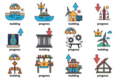 The image is a series of icons that represent different stages of building a structure. The icons include a building, a key, a coin, a ruler, a book, a house, a tree, a car, a building, a house