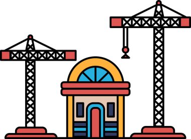 A building with two cranes in front of it. The cranes are tall and are in the foreground