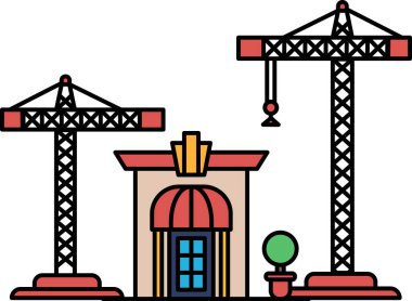 Two cranes are in front of a building. The cranes are tall and are in the foreground