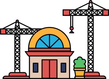 A building with two cranes in front of it. The building is a large structure with a dome on top