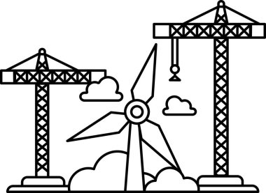 A wind turbine is shown in the foreground of a construction site. The wind turbine is surrounded by cranes and scaffolding. Concept of progress and development
