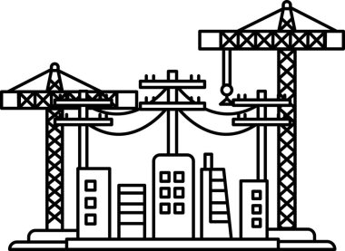 A city skyline with tall buildings and cranes. The buildings are in the background and the cranes are in the foreground. Concept of progress and development