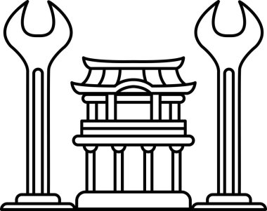 A black and white drawing of a building with a wrench on top of it. The wrench is on top of a pillar and the building is in front of a large building