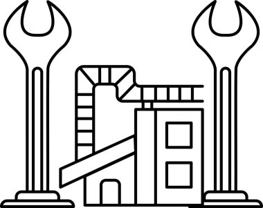 A black and white drawing of a building with a wrench and a pair of pliers on top of it