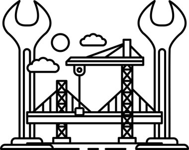 A black and white drawing of a bridge with a crane and a wrench. The bridge is being built and the crane is lifting something