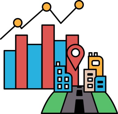 A city skyline with a road and a map with a pin on it. The road is empty and the buildings are tall