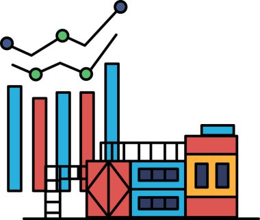 A graph is shown with a building in the background. The graph shows a downward trend, while the building appears to be a factory. Scene is one of industry and progress