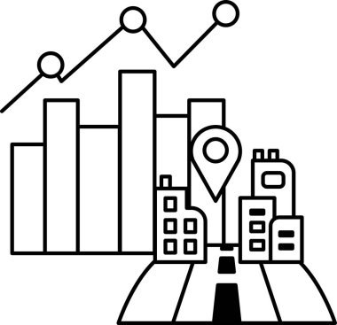 A city skyline with a road and a map with a pin on it. The road is empty and the buildings are tall