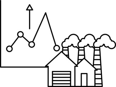 A graph showing a rise in pollution and a house with a garage. The house is surrounded by factories