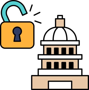 A black and white drawing of a key being pulled from a lock. The key is being pulled from a lock that is in front of a building