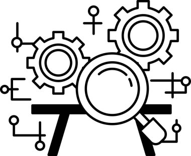 A black and white image of a gear with a magnifying glass over it. Concept of looking closely at something, possibly a machine or a complex system