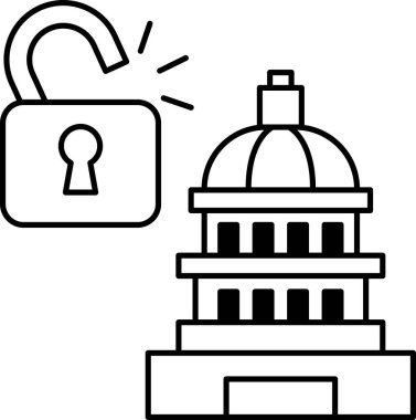 A black and white drawing of a key being pulled from a lock. The key is being pulled from a lock that is in front of a building